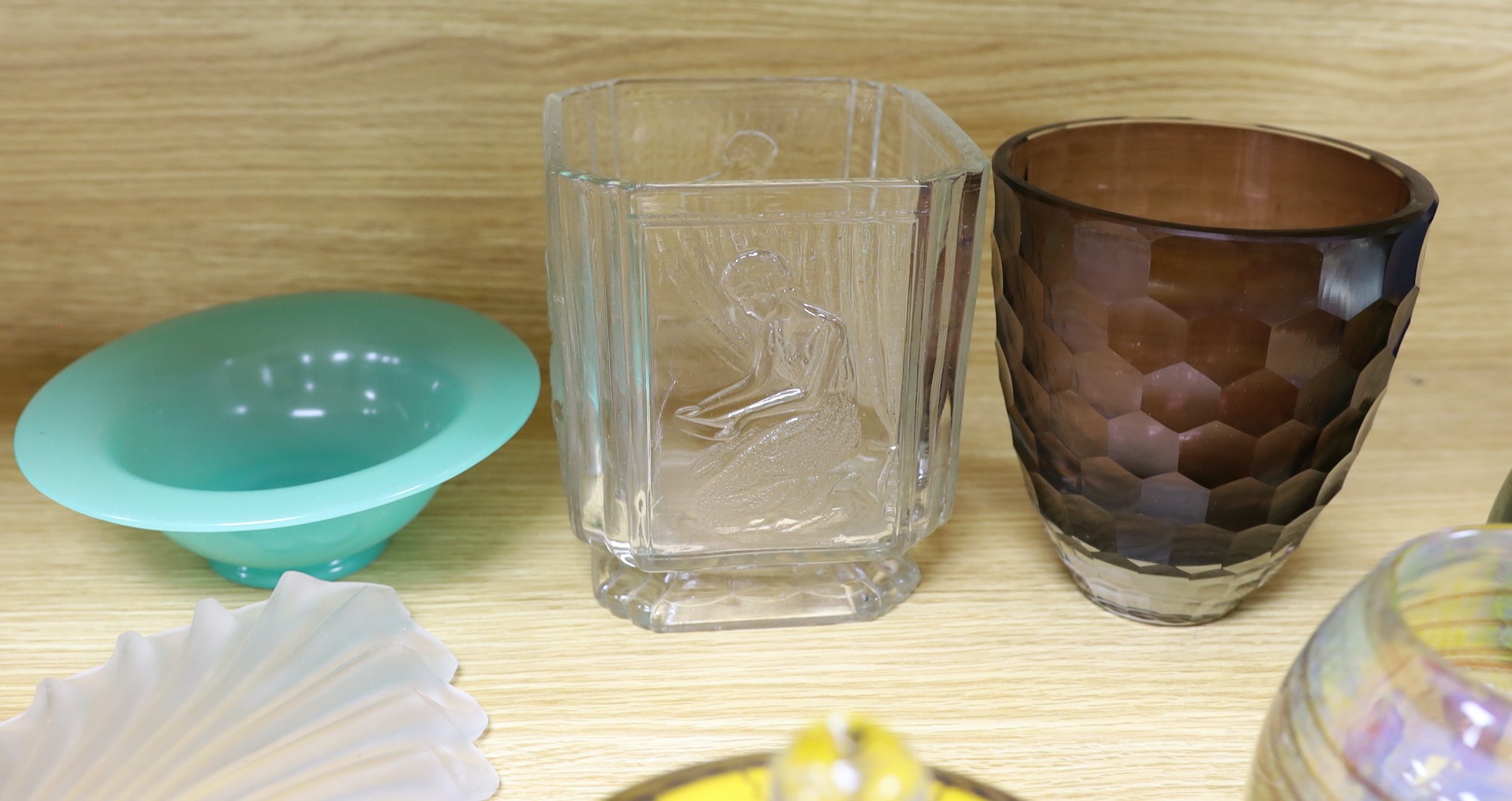 A group of art glass including a Loetz iridescent vase, an Istvan Komaromy faun sculpture, a Povotny style powder jar and cover, four vases, a shade together with a WMF pottery sandwich box, tallest 20cm